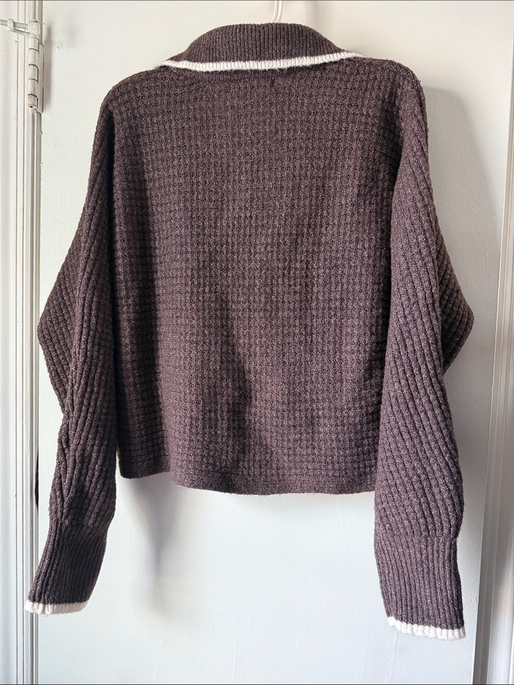 SO Dark Brown V-Neck Cropped Polo Sweater with Cream Trim - Picture 5 of 6